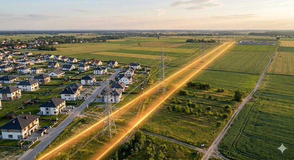Widok z drona na linię wysokiego napięcia ze strefą ochronną biegnącą przez pola i osiedle